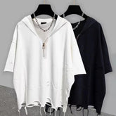 Hearujoy Mens Bat Sleeve Ripped Casual Hooded Top 2024 New Genderless Fashion Personality Solid Color Loose Short Sleeved T-Shirt Unisex