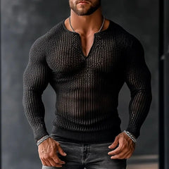 HEARUJOY - Men's Transparent Mesh Shirt V-Neck Long Sleeve Casual Loose Fit Breathable Summer Top Trendy Streetwear Fashion