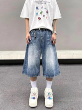 Hearujoy Lightning Patterned Jorts Loose Cropped Denim Shorts for Men Women's Y2k Distressed Calf-length Pants