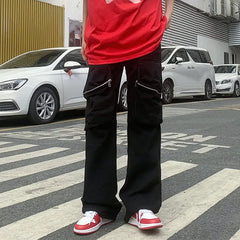HEARUJOY - Y2K New Fashion Zipper Pockets Black Baggy Cargo Jeans Pants For Men Clothing Straight Hip Hop Long Trousers Pantaloni Uomo