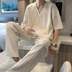 HEARUJOY - Korean Style Fashion Ice Silk Sports Suit Men's Large Size V-neck Short-sleeved T-shirt Trousers British Handsome Two-piece Set