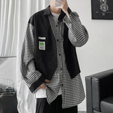 HEARUJOY - Fake Two-piece Plaid Spliced long-sleeved Shirt Loose Design Men's Casual Hong Kong Style Jacket Spring and Autumn New Style