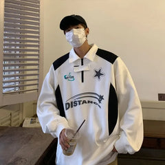 Hearujoy Korean Fashion Polo Shirt Spring and Fall Streetwear Long-sleeved Half-zip Printed Sweatshirt Men Retro High Street Coat Blouse