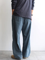 HEARUJOY - American Retro Snow Washing Process Denim Jeans for Men 100% Cotton Straight Loose Fit Large Size Casual Pants for Autumn Winter