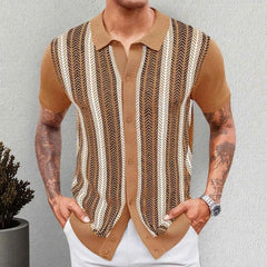HEARUJOY - Summer Men's Color Matching Striped Jacquard Knitted Short-Sleeved Shirt Casual Fashion Trend Loose Breathable Daily Men's Tops