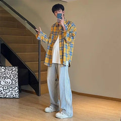 HEARUJOY - Casual Yellow Plaid Long-sleeved Lapel Shirt Versatile Loose Jacket for Men and Women Couples