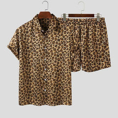 HEARUJOY - Summer Men's Fashion Leopard Print Sets Elegant Social Shirt + Shorts Two Piece Set Luxury Men Outerwear Suit
