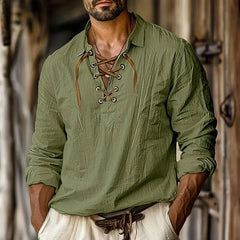 HEARUJOY - Men's Spring and Autumn Lapel Rope Cotton Linen Shirt Solid Color Long Sleeve Youth Breathable Casual Shirt