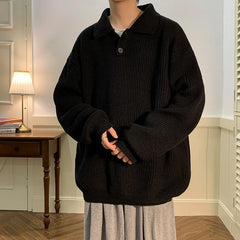 HEARUJOY - Vintage Mens Polo Neck Sweater Autumn Winter Long Sleeved Knitted Top Japanese Lazy Style Fashion Loose Knit Sweater Thick