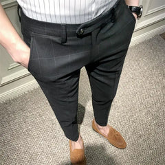 Hearujoy Mentally Young Man's Checkered Pants, Men's Korean Style Trendy Casual Pants Slim Fit Small Leg Pants Nine Point British