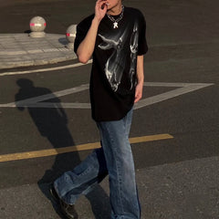 Hearujoy American Street Pure Cotton Abstract Graffiti Print Summer New Fashion Casual Short-Sleeved T-Shirt Mens Trendy Loose Top