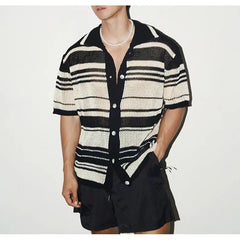 HEARUJOY - Summer New Fashion Casual Breathable Hollow Out Knitted Polo Shirts Men Striped Crochet Knitting Tops Vintage Mens Clothes