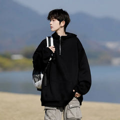 HEARUJOY - Spring Casual Hoodie Mens Half Zip Pullover Pure Color Streetwear Oversize Comfort Loose Fit Trending Hooded Sweatshirt