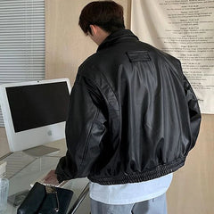 HEARUJOY - Men's Casual Texture PU Leather Jacket High Street Zippers Turn-down Collar Long Sleeve Retro Coat with Pocket Spring Autumn