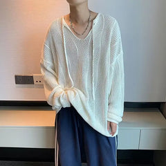 HEARUJOY - Men V-neck Long Sleeve Knit Shirts Loose Elastic Hollow knit Sweater T-shirt Slightly Transparent Knitted Sweaters Streetwear