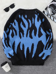 HEARUJOY - New Popular Fire Pattern Pullover Ripped Sweater Casual Round Neck Knitted Men's Gift Pullover