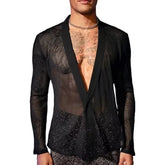 HEARUJOY - New Men's Fashion Transparent Mesh Shirt, V-neck Single-breasted Long-sleeved T-shirt, Cardigan Top
