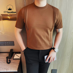 HEARUJOY - 69% Cotton Stretch Men's T-Shirt - Breathable Modern Fit with Vertical Seam Detail, Timeless Casual Top for Everyday Comfort