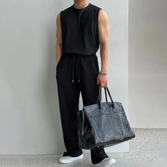 Hearujoy 2024 Summer Casual Suit Pleated Sleeveless Tank Tops Trousers Men's Sports Clothing Wrinkled Solid Vest Long Pants Two-Piece Set