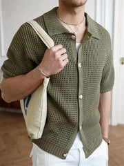 HEARUJOY - Men's Short Sleeve Polo Collar Knitted Shirt Cardigan Summer Fashion Retro Light Soft Breathable Casual Lapel Knitwear Shirt Top