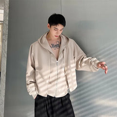 Hearujoy Korean Spring Streetwear Hooded Sweatshirt Casual Fake Two Piece Jacket Solid Color Double Zippers Male Clothing Spring