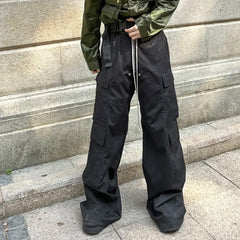 Hearujoy Wide Leg Drawstring Black Cargo Pants Unisex Straight Baggy Casual Overalls Men's Streetwear Loose Oversized Trousers