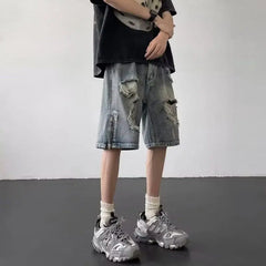 HEARUJOY - Men's New Zipper Slit Loose Straight-tipped Casual Five-point Ripped Denim Shorts