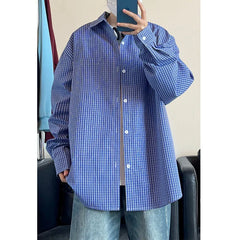 HEARUJOY - Long Sleeved Shirt Men Oversized Casual Plaid Shirt Men Streetwear Korean Loose Blue Casual Shirt Mens Shirts Plus Size 5XL