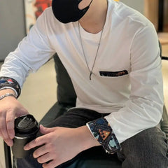 HEARUJOY - Autumn New Hem Slit Long Sleeved T-shirt for Men Fashionable Solid Color Casual Versatile Pullover Top