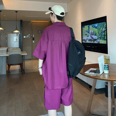 HEARUJOY - Summer Set Men's Casual Single Breasted Short Sleeve Shirt Shorts Loose Fashion High Quality Sweatshirt Suit