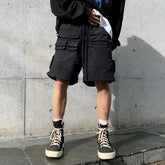 Hearujoy Vibe Style High Street Black Multi-pockets Cargo Shorts for Men Drawstring Straight Summer Casual Oversized Knee Length Pants