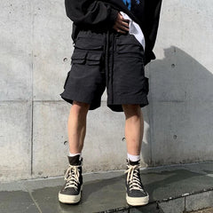 Hearujoy Vibe Style High Street Black Multi-pockets Cargo Shorts for Men Drawstring Straight Summer Casual Oversized Knee Length Pants
