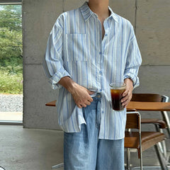 HEARUJOY - New Japanese Vintage Men Striped Shirts Luxury Casual Trendy Long Sleeve Cardigan Tops Fashion Leisure Macaron Sunscreen Blouse