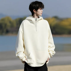 HEARUJOY - Spring Casual Hoodie Mens Half Zip Pullover Pure Color Streetwear Oversize Comfort Loose Fit Trending Hooded Sweatshirt