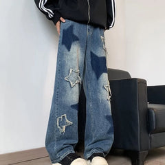 Hearujoy Star Embroidery Patchwork Jeans Men Straight Casual Autumn New Wide Leg Hip-hop Fashion Youth Neutral Streetwear Denim Trousers