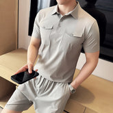 HEARUJOY - (Polo Shirt + Shorts) Plain Color Man Sets High Quality Breathable Elastic Short Sleeve Polos T Shirt And Knee Length Shorts Men