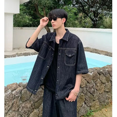 HEARUJOY - Cowboy Retro Set Mens Summer Big Pocket Washed Denim Shirt+loose Wide Leg Seven Quarter Jeans 2-cps American Street Unisex Suit