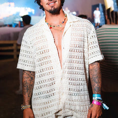 HEARUJOY - Summer Men's Knit Hollow Out Suits Sexy Jacquard Mesh Short Sleeve Shirt And Shorts Two Piece Set Fashion Knitted Sports Outfits