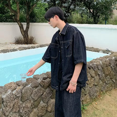 HEARUJOY - Cowboy Retro Set Mens Summer Big Pocket Washed Denim Shirt+loose Wide Leg Seven Quarter Jeans 2-cps American Street Unisex Suit