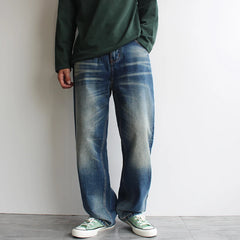 HEARUJOY - Autumn Winter American-style Blue Jeans for Men Straight Leg Thick Warm Wide-Leg Loose Fit Trendy Casual Washed Denim Pants