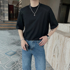 HEARUJOY - Summer Short Sleeved T-shirt Men Fashion Round Neck Black White T Shirt Men Korean Loose Shoulder Pad Tshirt Mens Top M-2XL