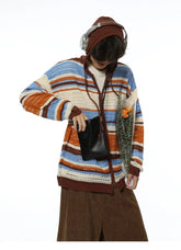 HEARUJOY - American Striped Cardigan Mens Spring Summer Color Block Sunscreen Hooded Sweater Jacket Hollow Zipper Retro Knitted Shirt