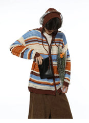 HEARUJOY - American Striped Cardigan Mens Spring Summer Color Block Sunscreen Hooded Sweater Jacket Hollow Zipper Retro Knitted Shirt