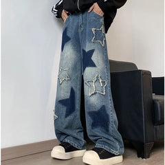 Hearujoy Star Embroidery Patchwork Jeans Men Straight Casual Autumn New Wide Leg Hip-hop Fashion Youth Neutral Streetwear Denim Trousers