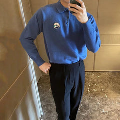 Hearujoy Mens Embroidered Knitted Sweater 2024 New Genderless Fashion Versatile Youth Retro Solid Color Lapel Knitted Sweater Unisex
