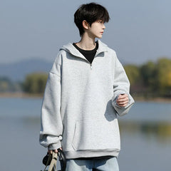 HEARUJOY - Spring Casual Hoodie Mens Half Zip Pullover Pure Color Streetwear Oversize Comfort Loose Fit Trending Hooded Sweatshirt