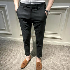 Hearujoy Mentally Young Man's Checkered Pants, Men's Korean Style Trendy Casual Pants Slim Fit Small Leg Pants Nine Point British