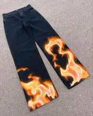 HEARUJOY - Classic Fashion Flame Print Trousers Men Y2k Goth Hip-hop Rock Punk Loose Personality High Waist Wash Oversized Jeans Women