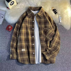 HEARUJOY - Plaid Shirt Men's Long Sleeve Student Fashion Brand Loose Jacket