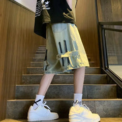 HEARUJOY - New Retro Men's Spliced button Zipper Pocket Fashionable Five-point Denim Shorts